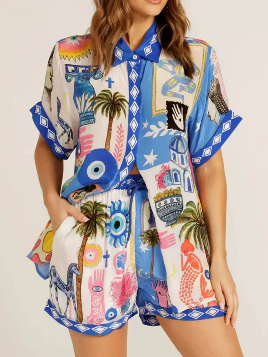 Casual linen chic shirt and shorts set Blue