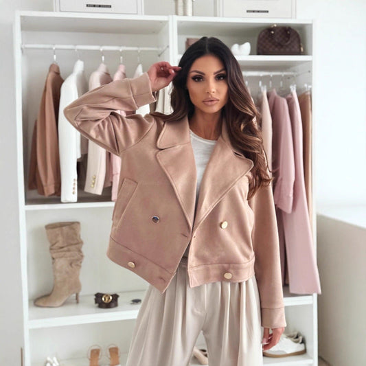 Ladies Slim Collared Button Suede Short Coat Khaki