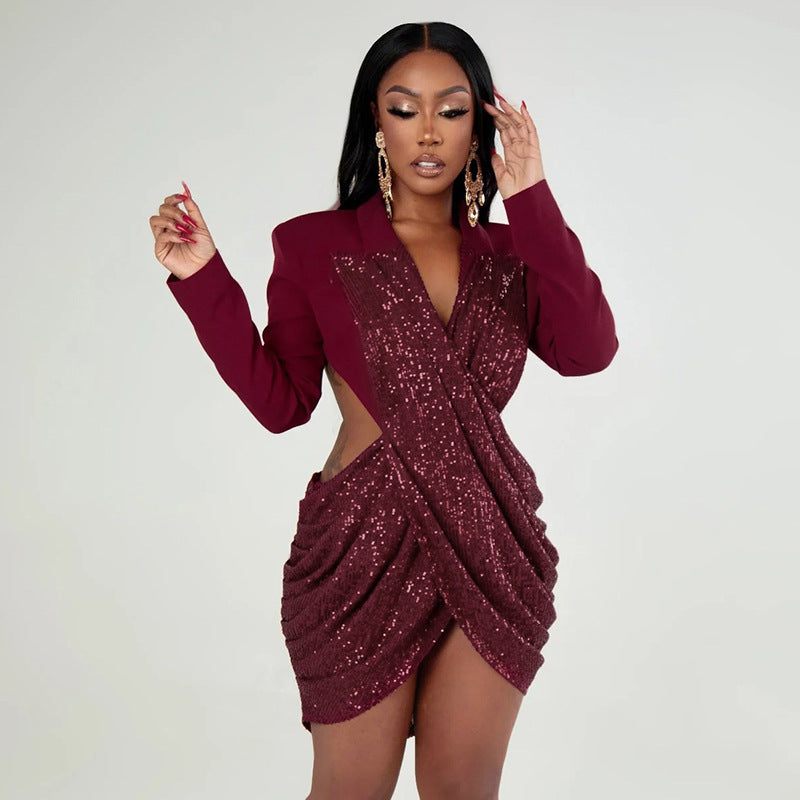Sequin Combo Long Sleeve T Back Cocktail Formal Party Dress Burgundy
