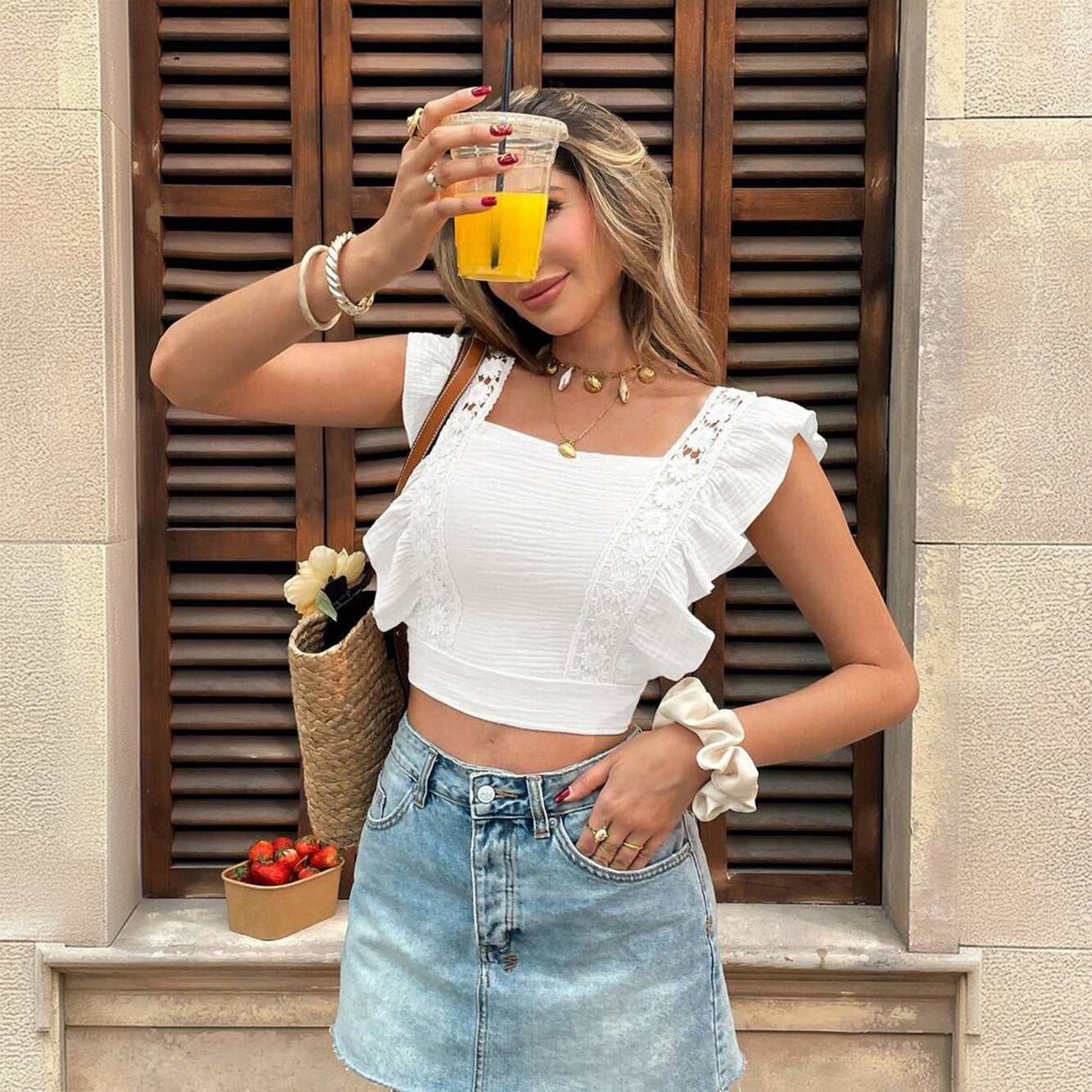 White Woven Low Back Tie Sexy Lace Ruffle Cropped Top White