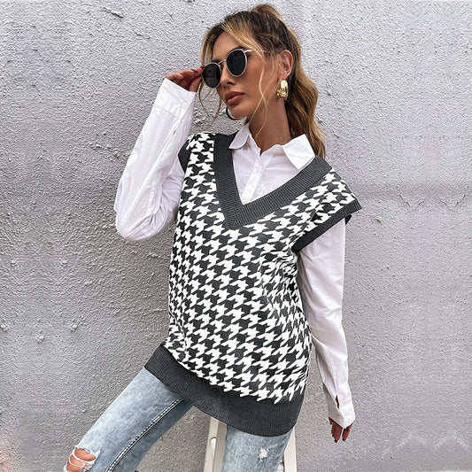 Checkered Loose Houndstooth V neck Knitted Vest Women Dark Grey