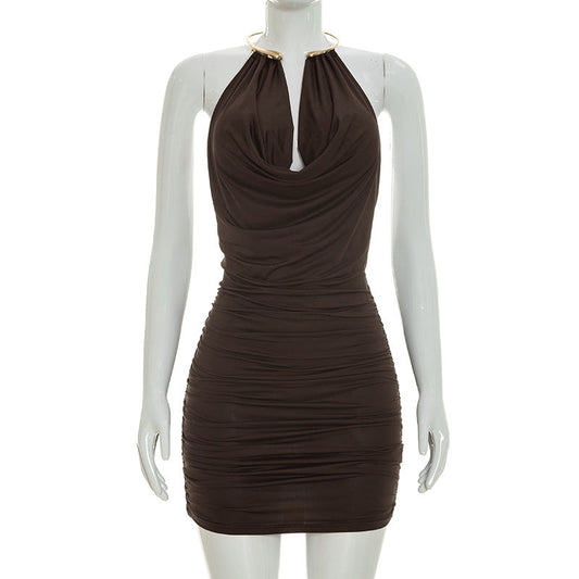 Sexy Y2K Cowl Neck with Gold Necklace Detail Brown