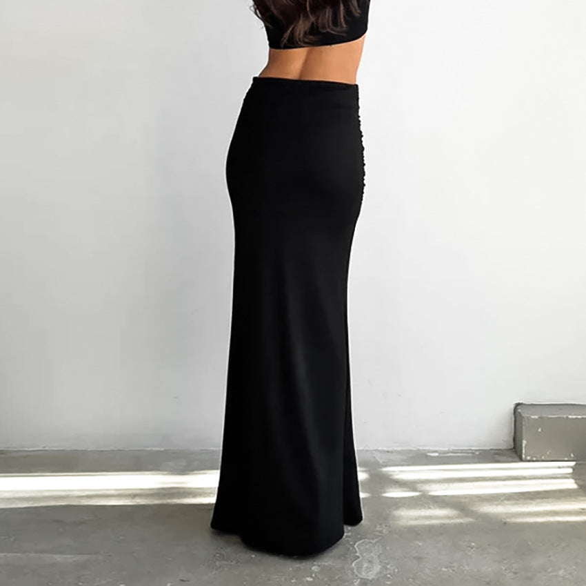 Black Sexy Design Knitted Slim Fit Front Shirred High Waist Fishtail Skirt Women