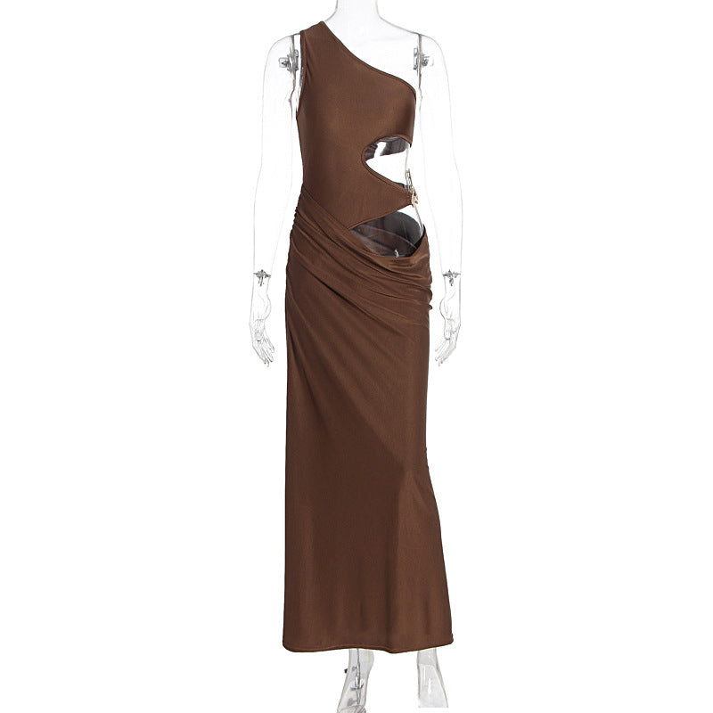 Brown One Shoulder Maxi Dress with Opening at Side Gold Hardwear Brown