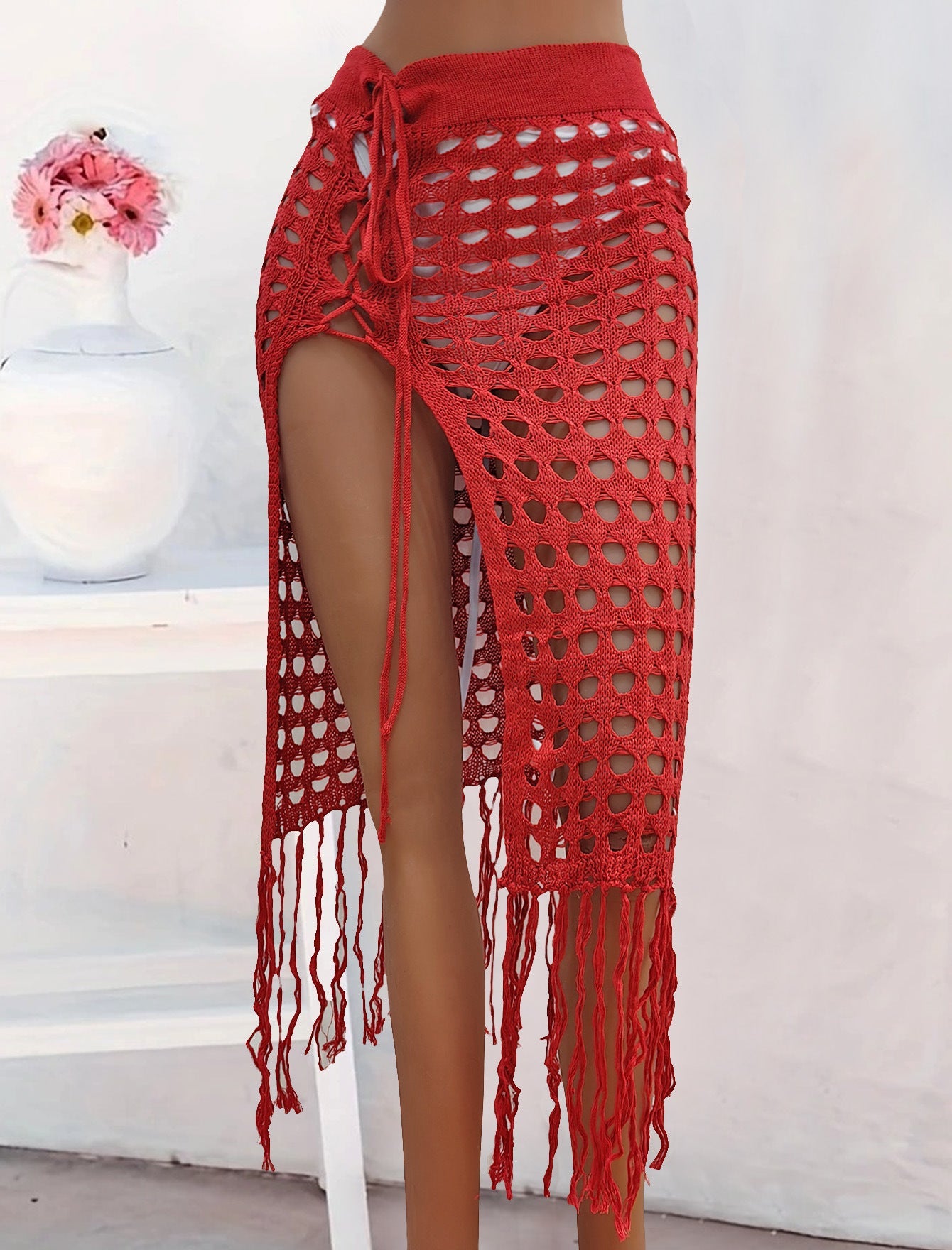 Crochet Sexy Cutout Woven Lace up Tassel Beach Skirt Red