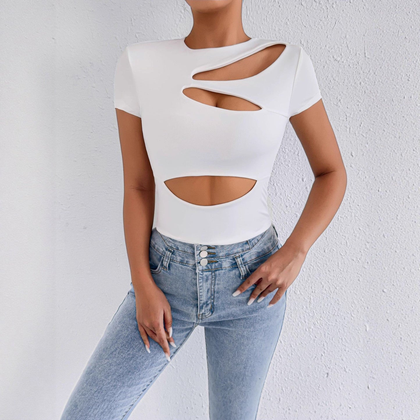 White Short Sleeve Sexy Cropped Hollow Out Cutout out Sexy Top White