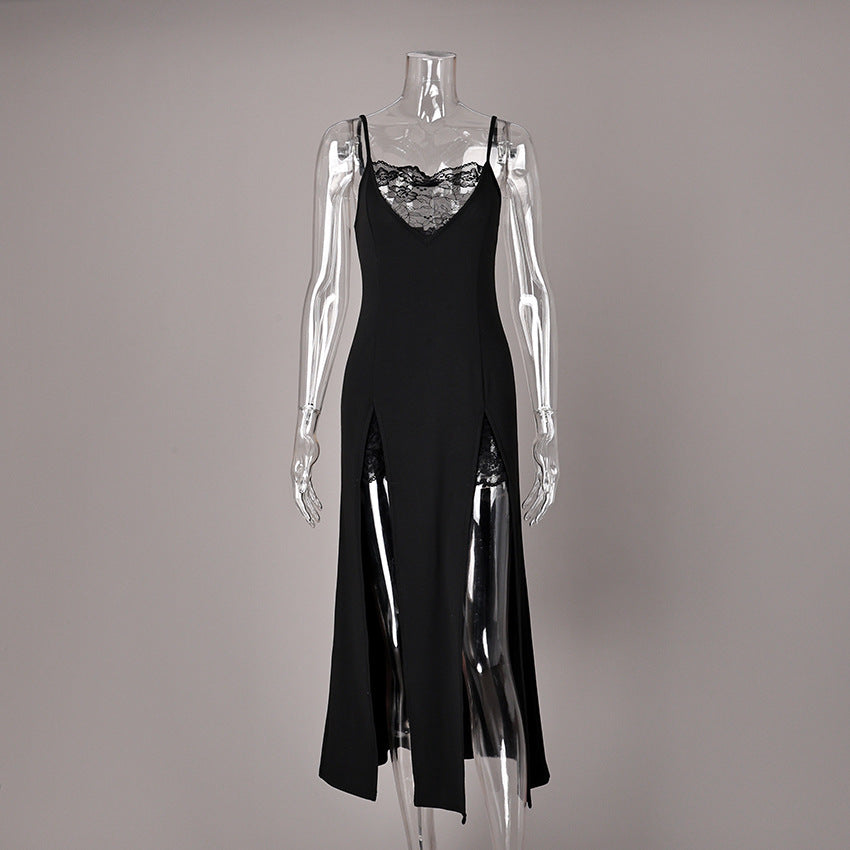 Black Sexy Double Slit Slip Nightdress Lace Inserts Maxi Loungewear Black