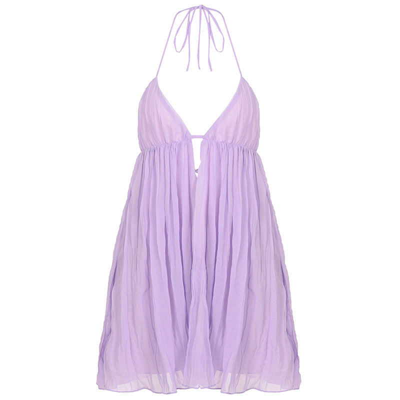 Ladies Spaghetti Strap V neck Sexy Sheer Dress Low Back Purple