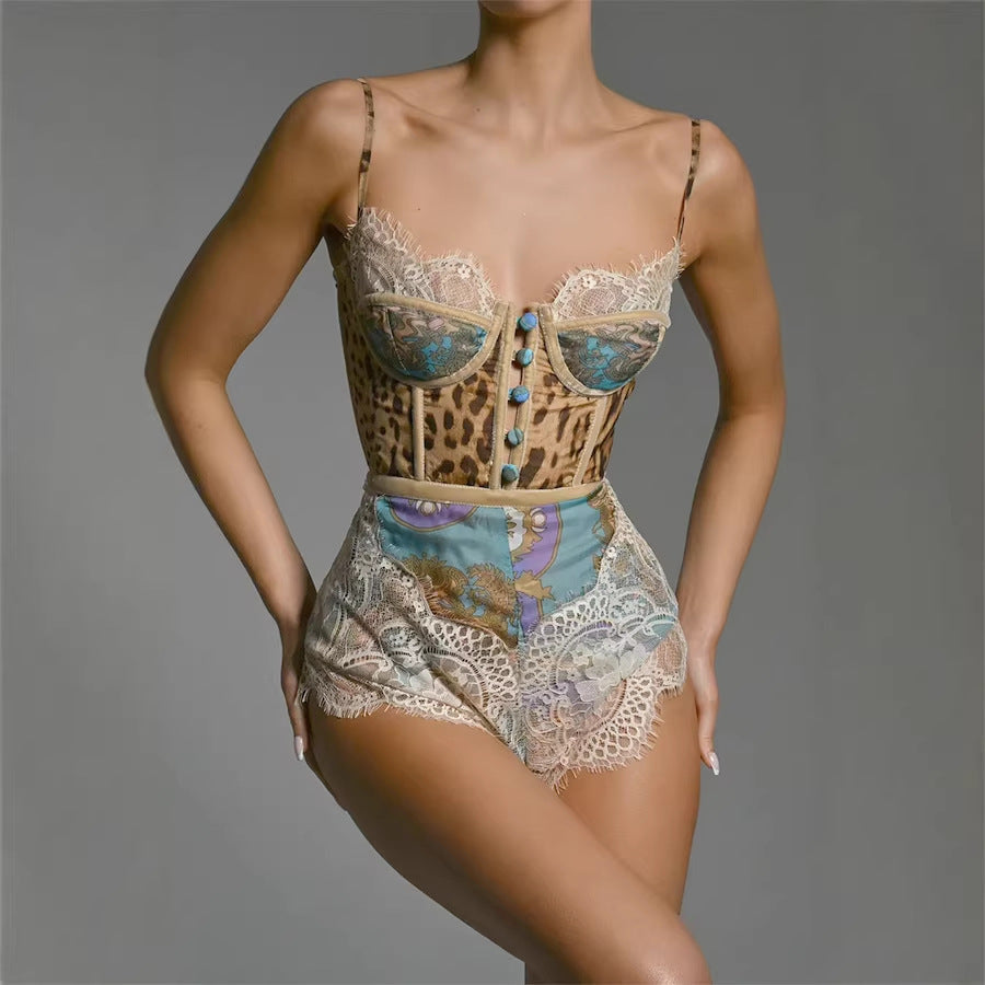 Sexy Printed Leopard Lace Romper with Corset Like Detail Printing
