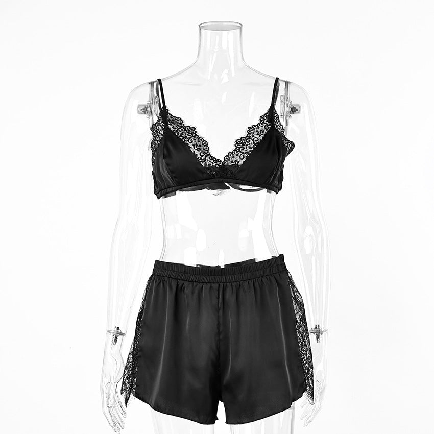 Sexy Spaghetti Strap Lace Shorts Set with Lace Detail Black