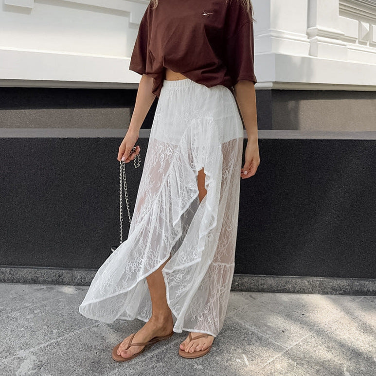 White Lace Split Ruffled High Slit Maxi Skirt Boho Y2K White