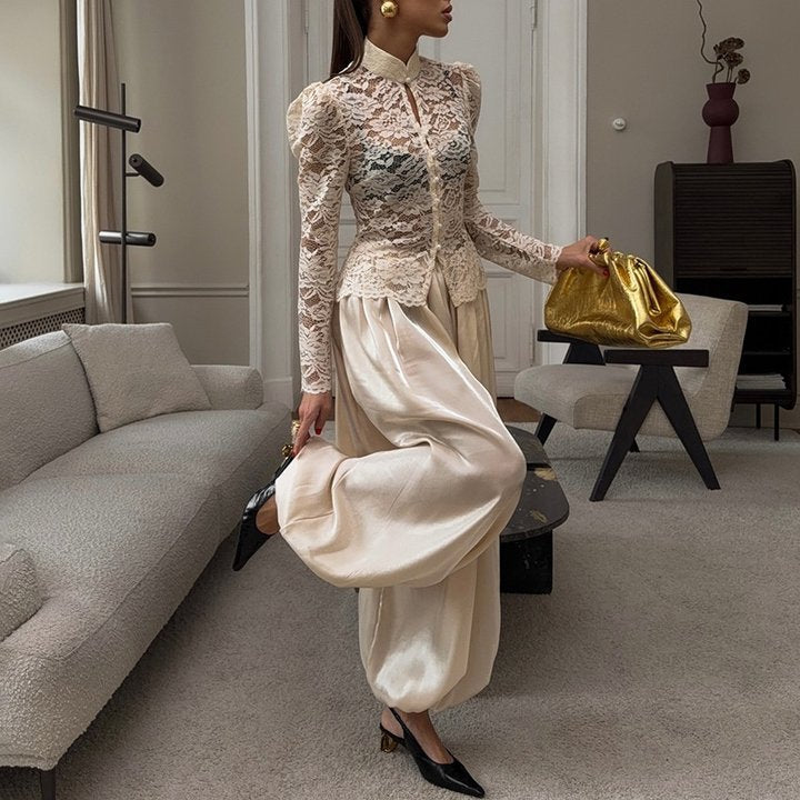 Low Waist Ankle Tied Bloomer Draped Pants Apricot