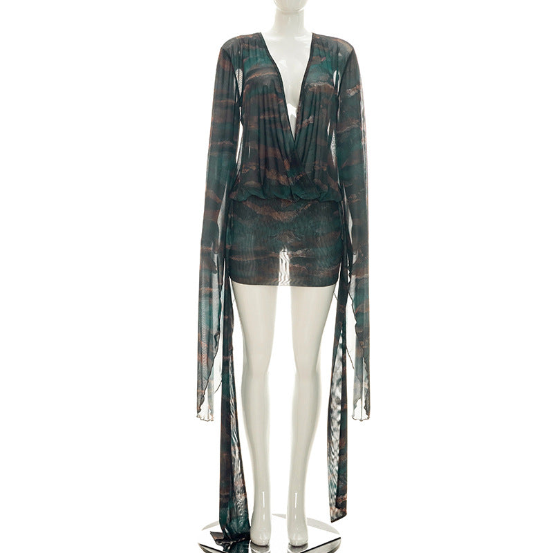 Sexy Mesh Deep V Plunge neck Animal Like Print Mini Dress W Bell Sleeve Green