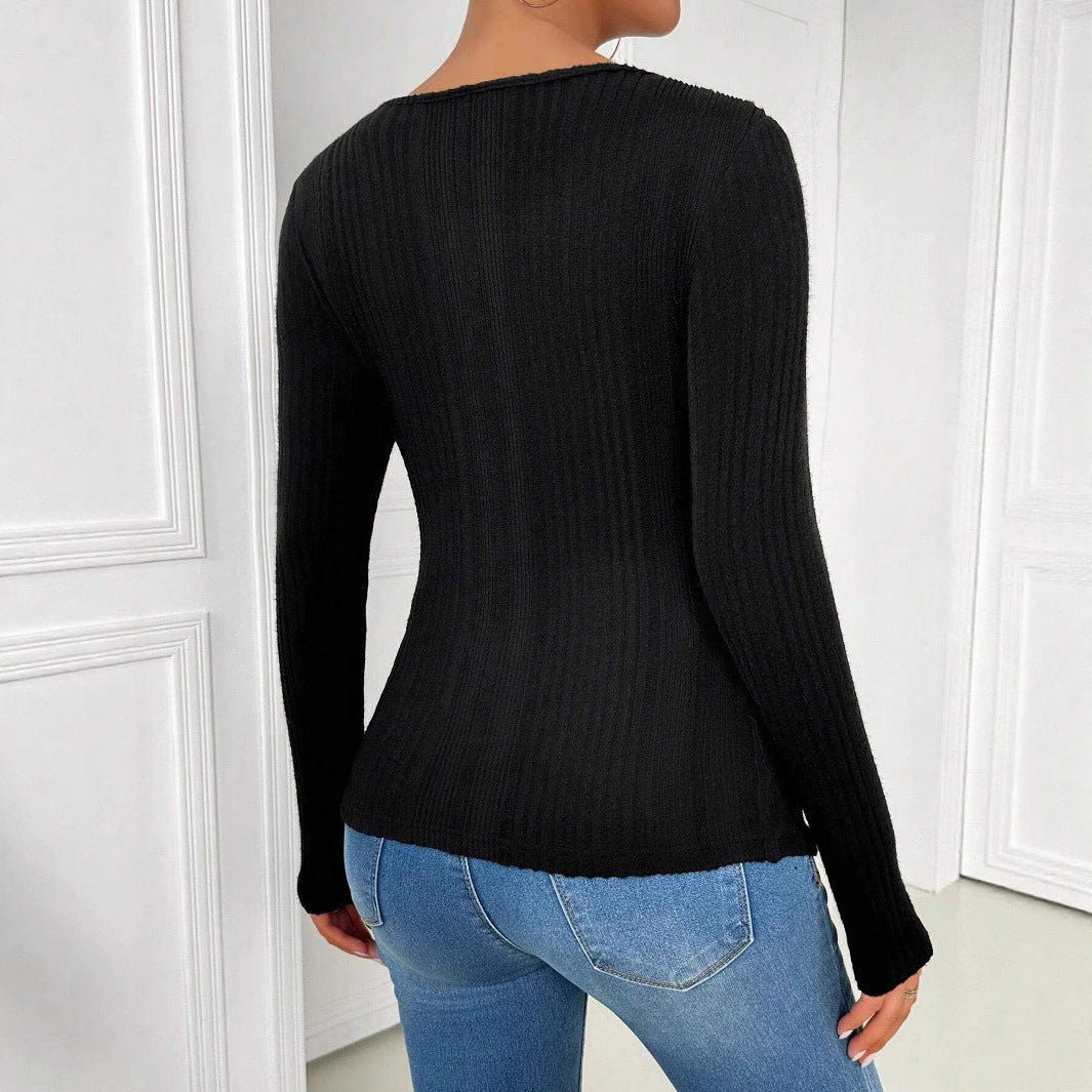 Black Asymmetric Collar Hollow Out Cutout Long Sleeved Top