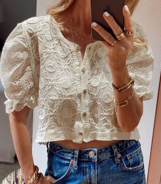 Sweet Details Lace Embroidered Top - 2 Colors One Size Beige
