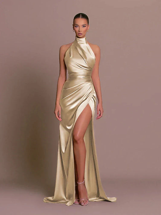 Cleo | Sleek Slit Gown Gold