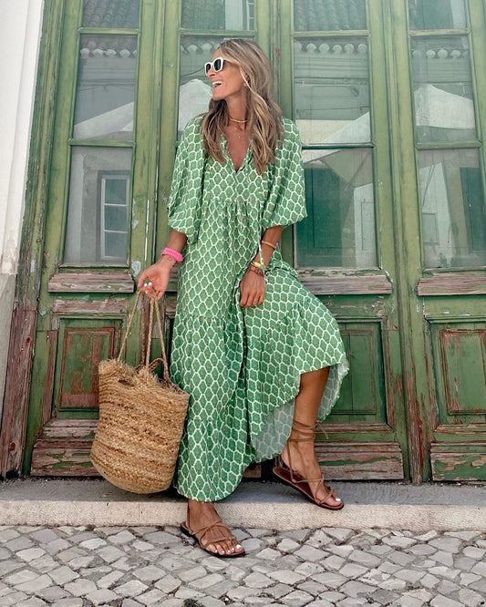 Iwa | Bohemian Long Dress Green-White (Almost sold out)
