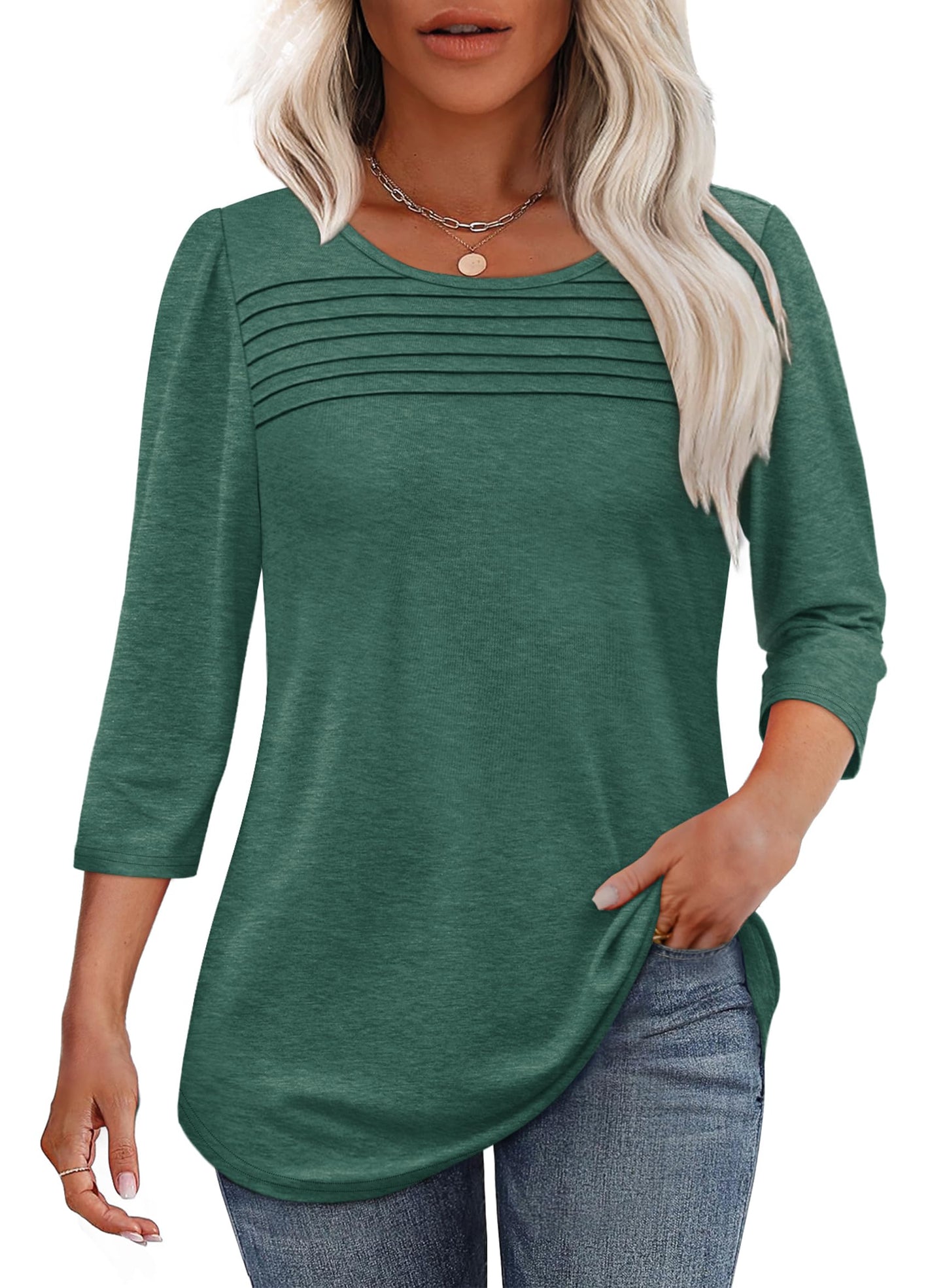 ⏰Hot Sale-Women's 3/4 Length Sleeve Top Pleated Front T-Shirt(Buy 3 Free Shipping)