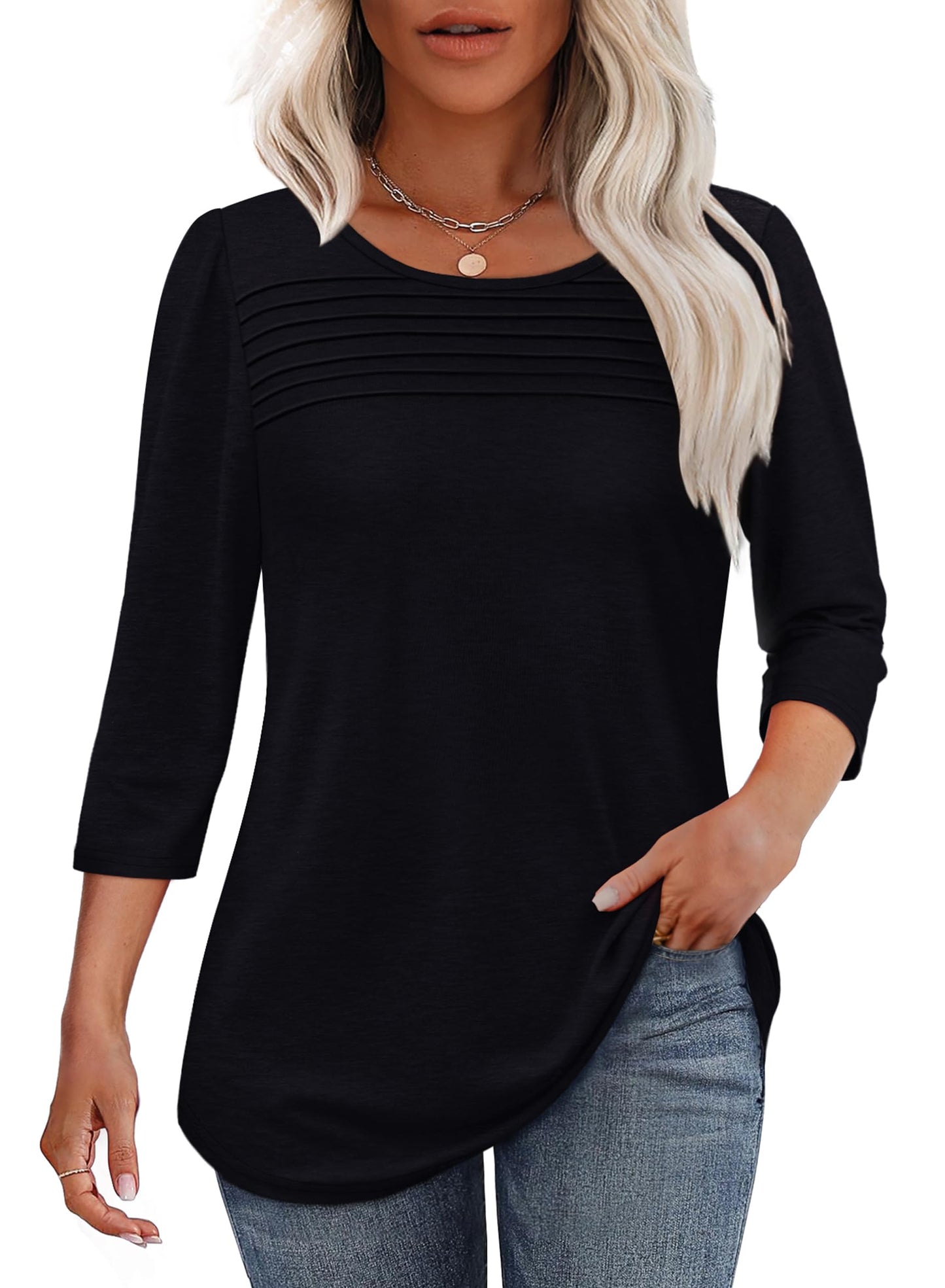 ⏰Hot Sale-Women's 3/4 Length Sleeve Top Pleated Front T-Shirt(Buy 3 Free Shipping)