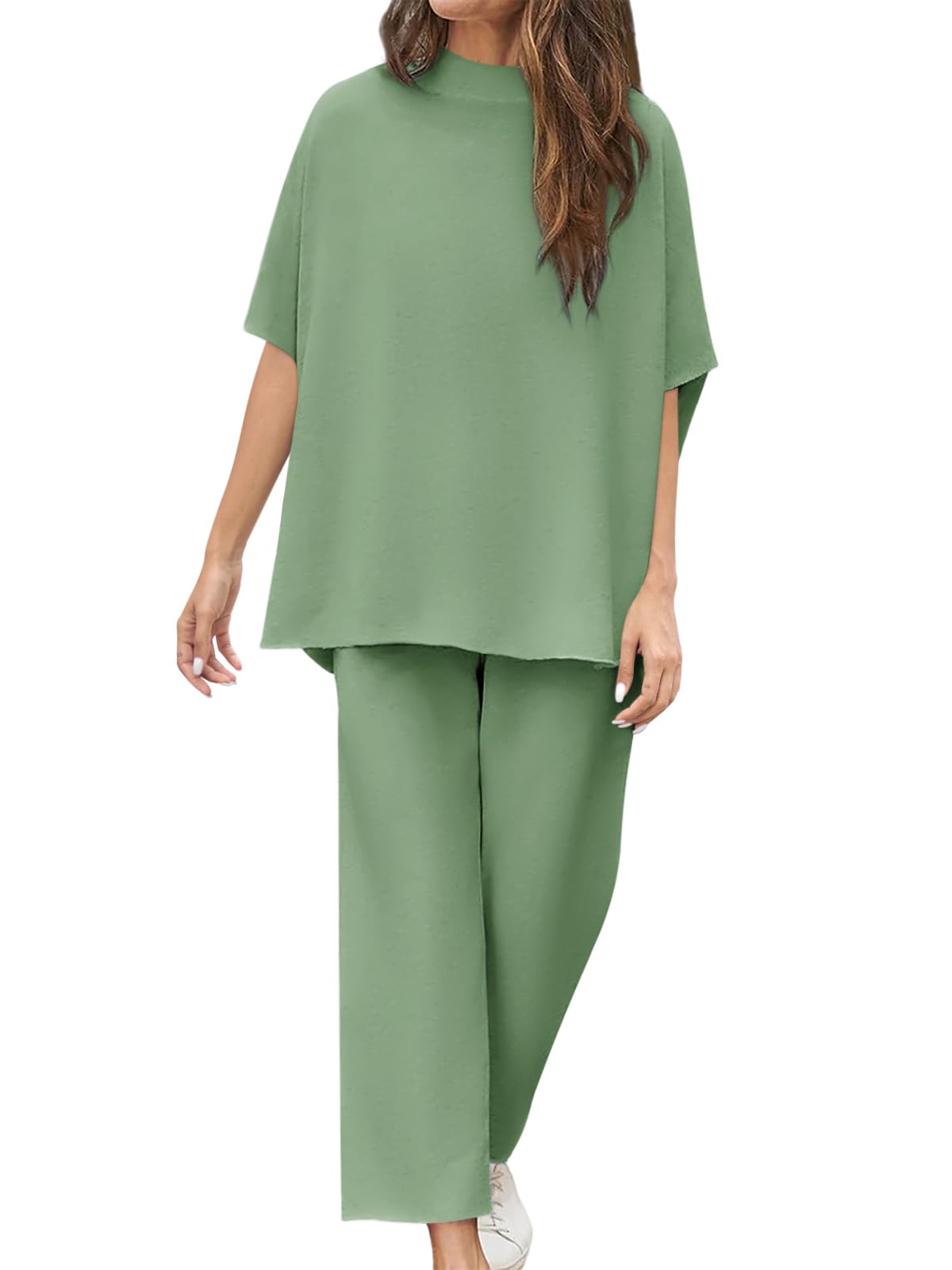 Limited time sale🔥Women's 2 Piece Outfits 3/4 Batwing Sleeve Pullover Top Wide Leg Pants Lounge Set