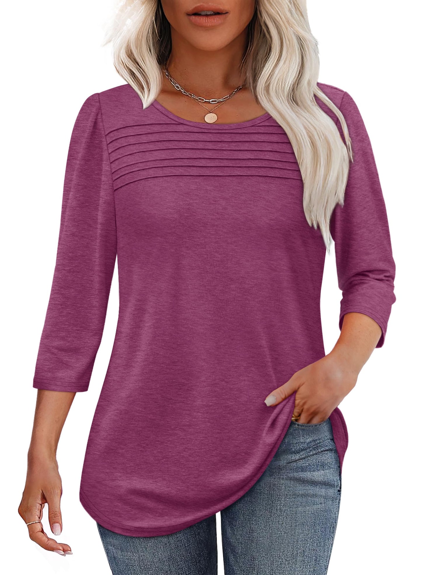⏰Hot Sale-Women's 3/4 Length Sleeve Top Pleated Front T-Shirt(Buy 3 Free Shipping)