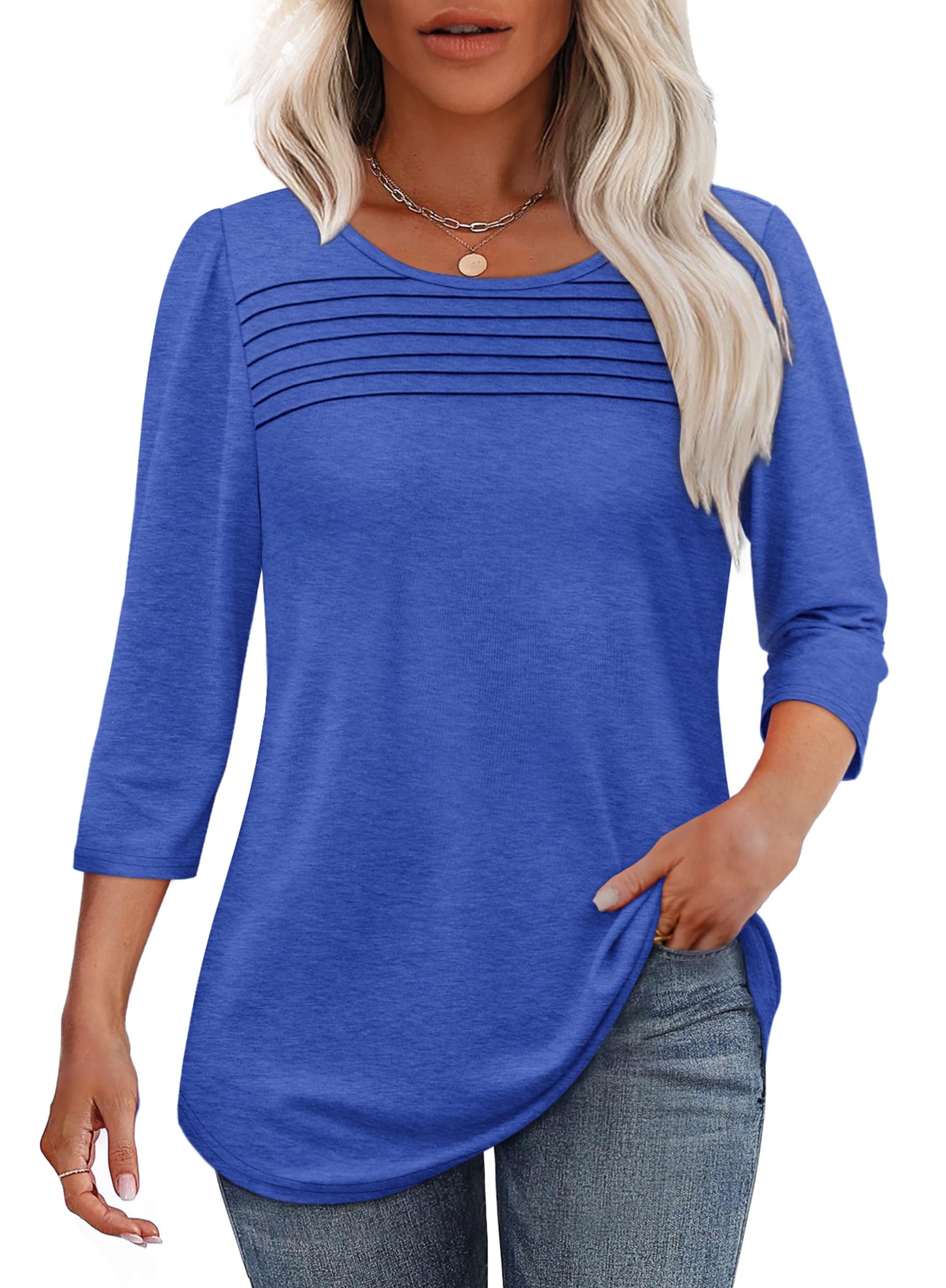 ⏰Hot Sale-Women's 3/4 Length Sleeve Top Pleated Front T-Shirt(Buy 3 Free Shipping)