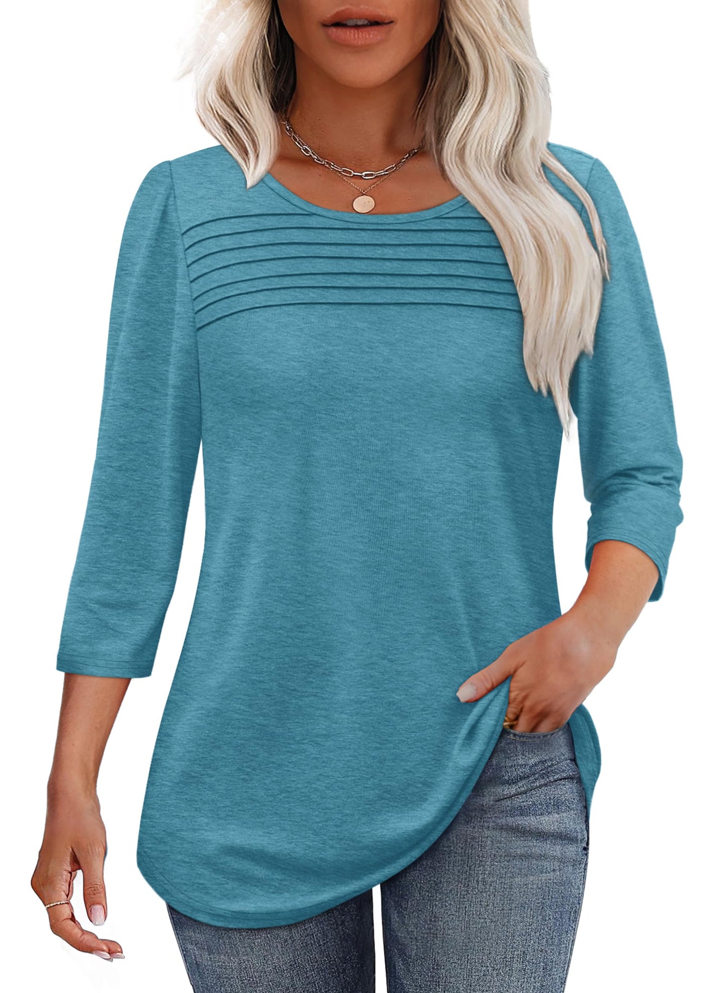 ⏰Hot Sale-Women's 3/4 Length Sleeve Top Pleated Front T-Shirt(Buy 3 Free Shipping)