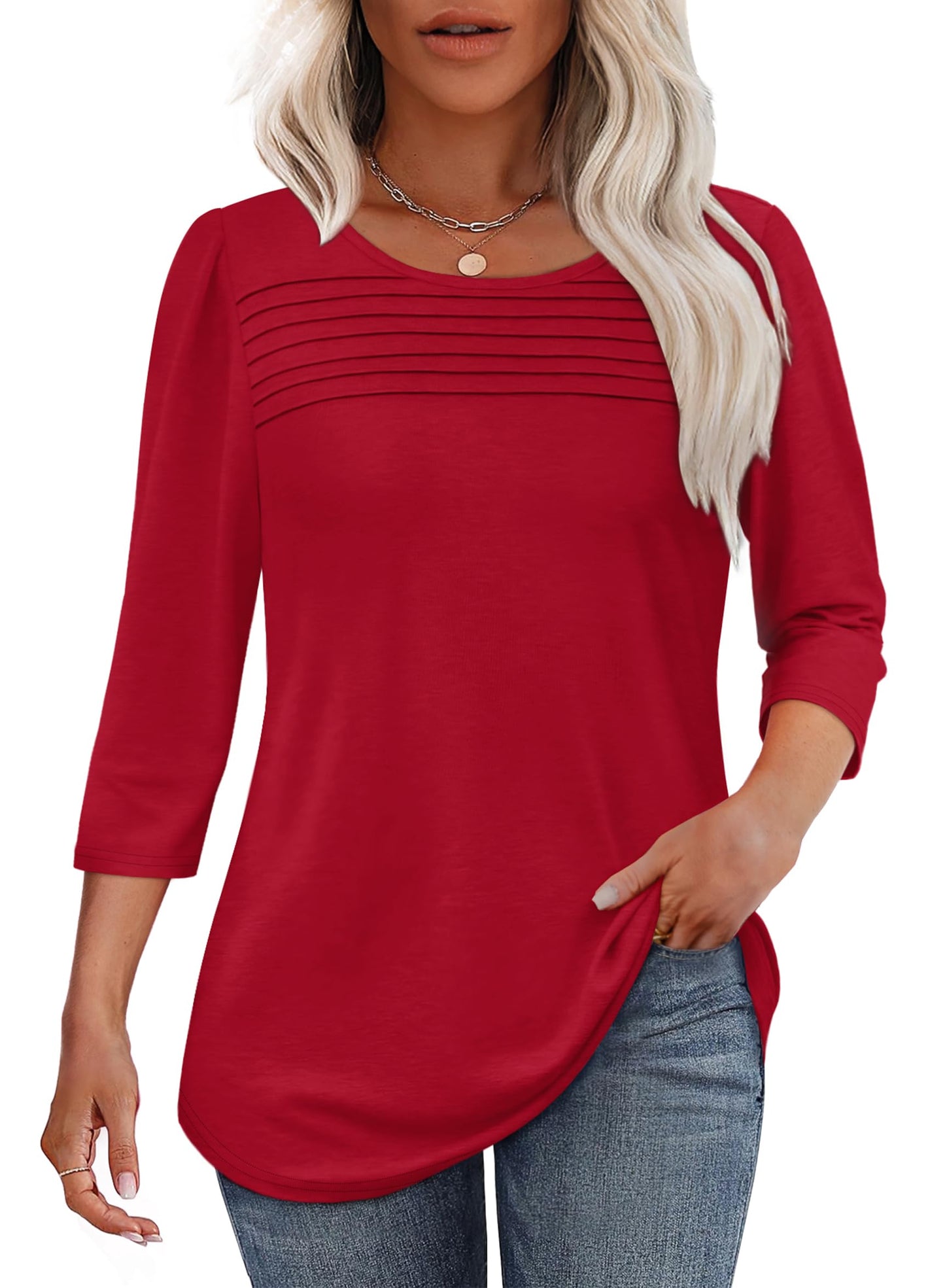 ⏰Hot Sale-Women's 3/4 Length Sleeve Top Pleated Front T-Shirt(Buy 3 Free Shipping)