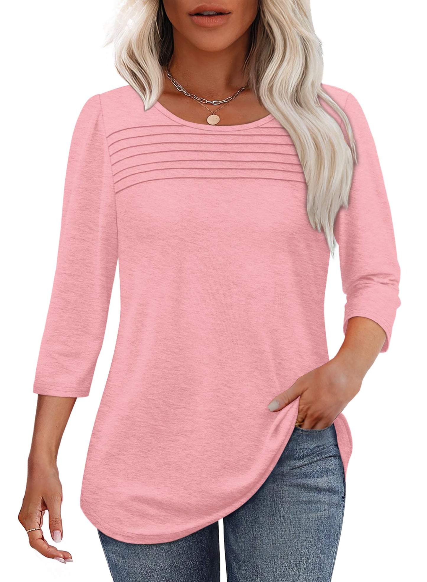 ⏰Hot Sale-Women's 3/4 Length Sleeve Top Pleated Front T-Shirt(Buy 3 Free Shipping)