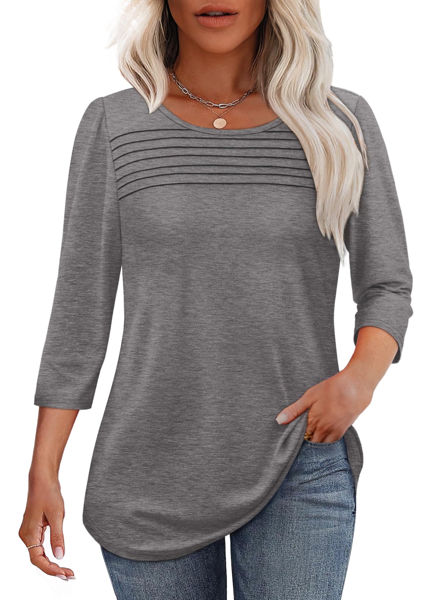 ⏰Hot Sale-Women's 3/4 Length Sleeve Top Pleated Front T-Shirt(Buy 3 Free Shipping)
