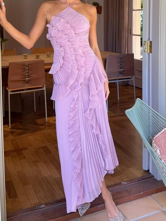 Pleated Suspender Long Dress With Slits Purple