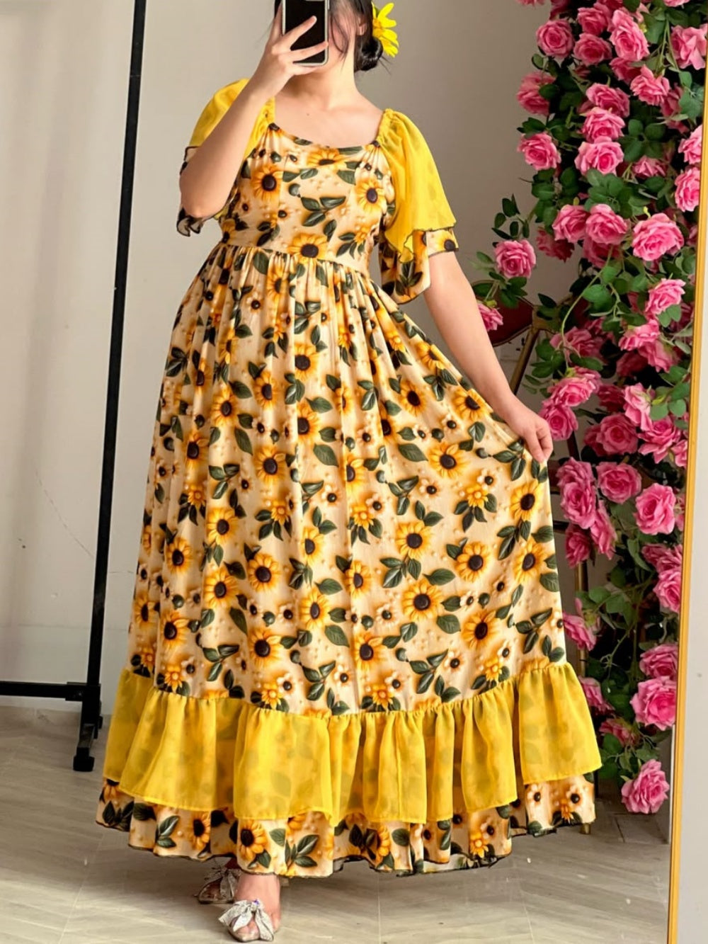 sunflower print short-sleeved maxi dress