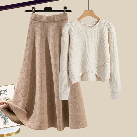 Anne | Stylish Knitted Sweater and Skirt Lounge Set SET - Beige - Khaki