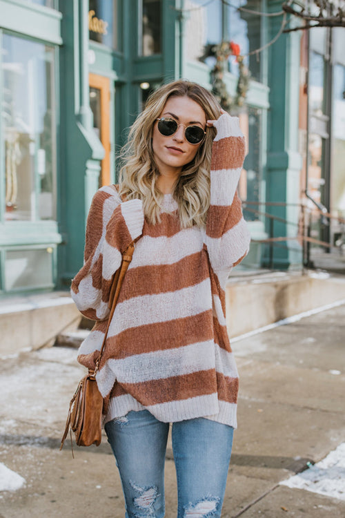 Rainy Day Stripe Loose Style Knit Sweater - 2 Colors Coffee
