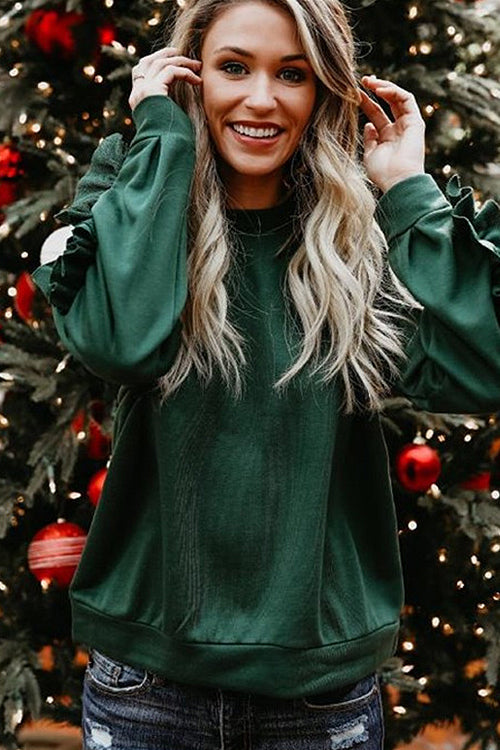 Jingling Ruffle Up Sleeve Sweatshirt - 2 Colors Dark Green