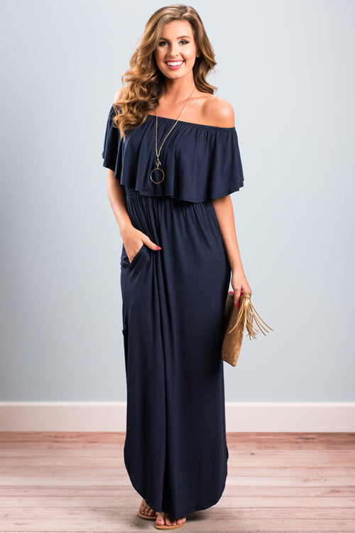 Milani Peach Off Shoulder Maxi Dress - 4 Colors Navy