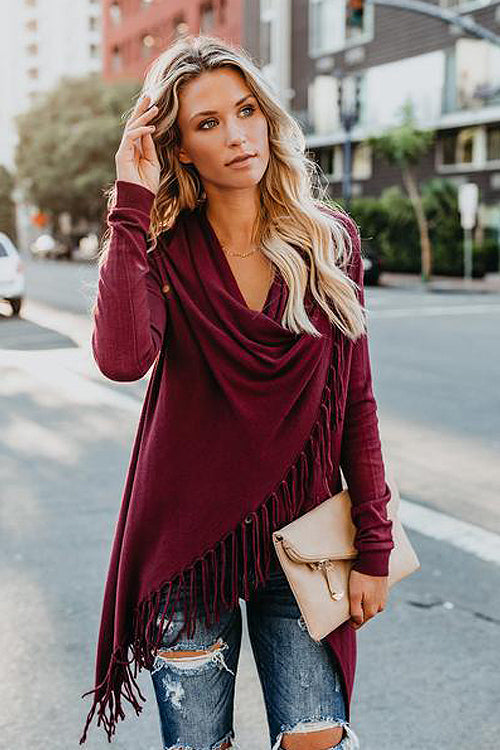Freethinker Cream Tassel Up Knit Cardiagn - 3 Colors Wine