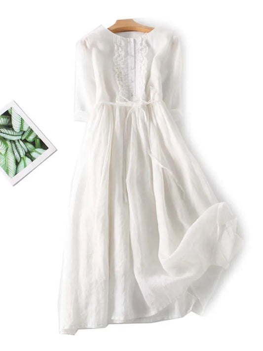 Arya - Women's Retro Style Dress with Round Neck and Waist Ties White