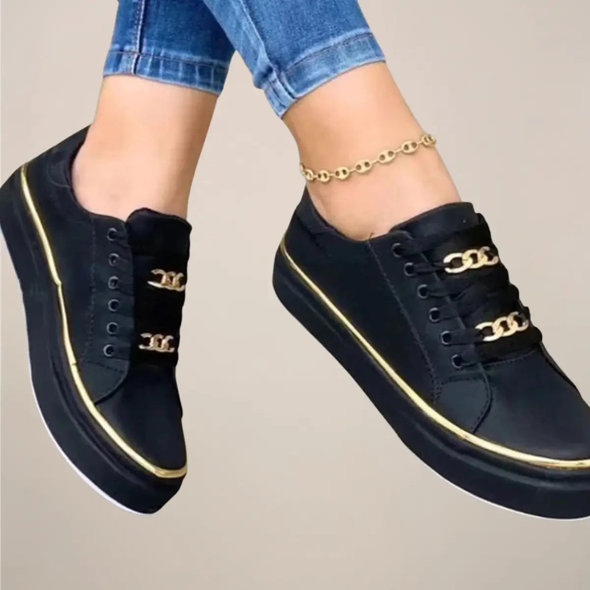 Goldaccent — Casual Fabric Sneakers With Stylish Low-Top White Gold Accent Design Black