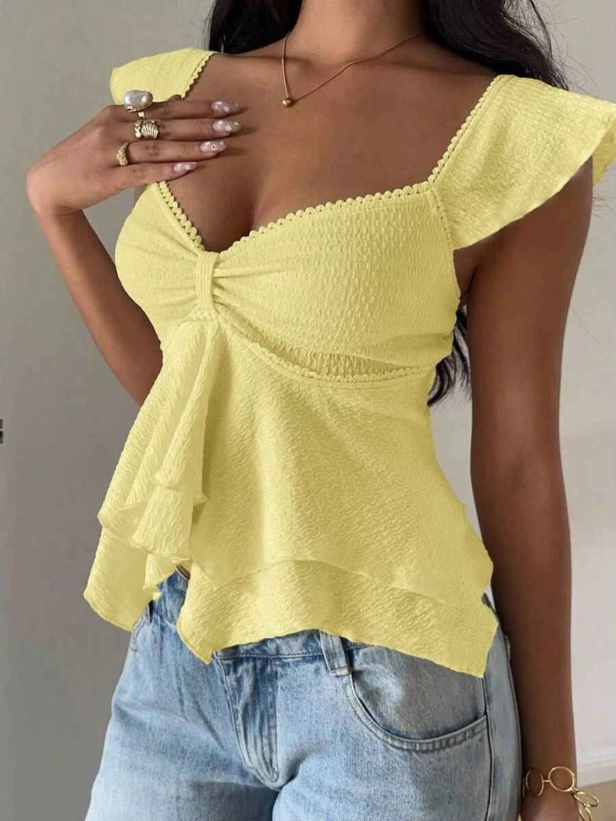 Marlowe — Cotton Blend Smocked Tank Top With Flutter Sleeve Sweetheart Going Out Style Yellow