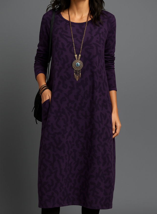 Wynter — Cozy Knit Midi Dress With Relaxed Long Sleeves And Pockets For Winter Purple