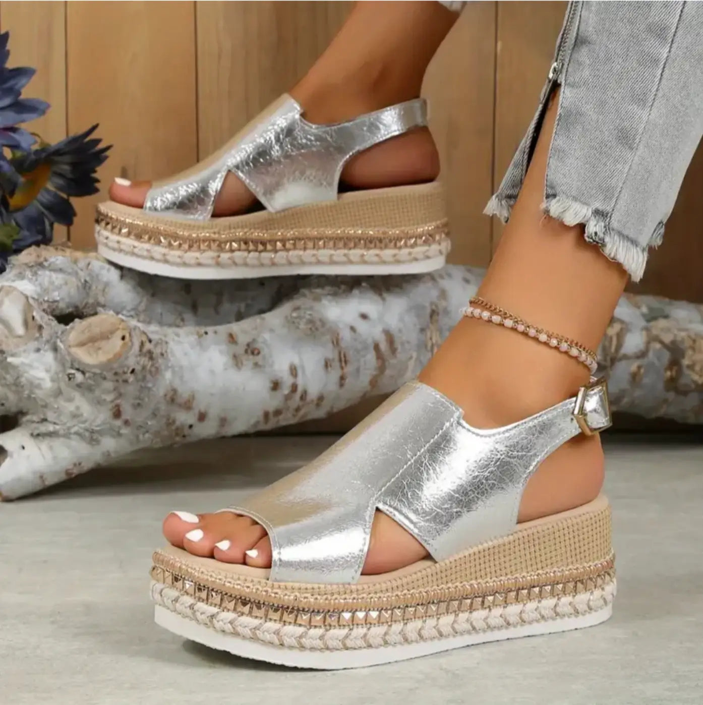 Crocgloss — Crocodile Embossed Sandals With Glossy Wedge Elegant Comfort Design Silver