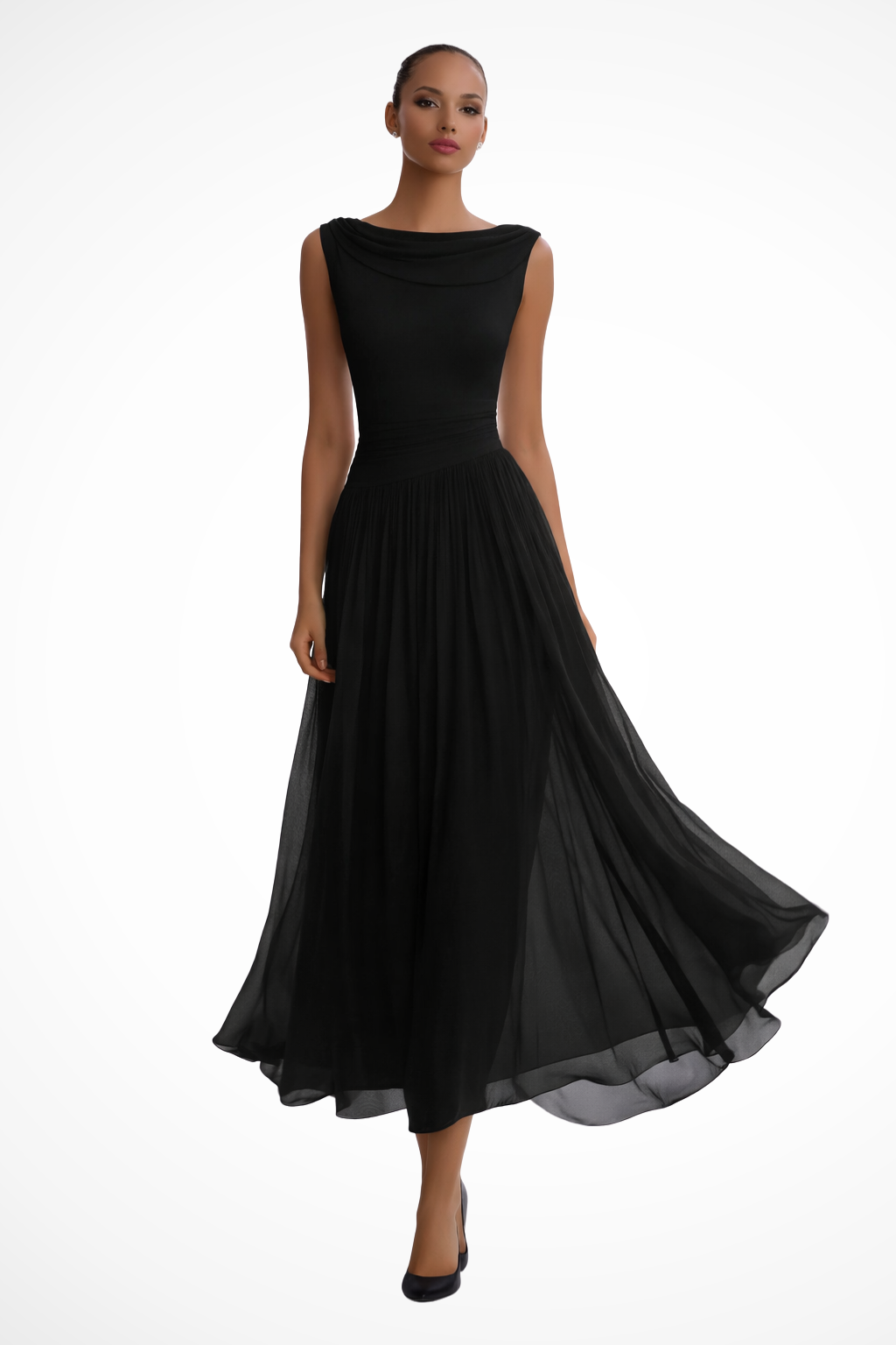 Fittedpleated — Draped Fabric Midi Dress With Fitted Pleated Wedding Guest Design Black