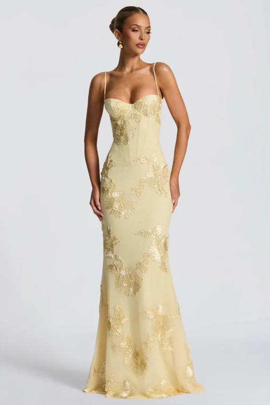 Embroideredcorset — Floral Embroidered Maxi Dress With Structured Corset Cami Gown Design