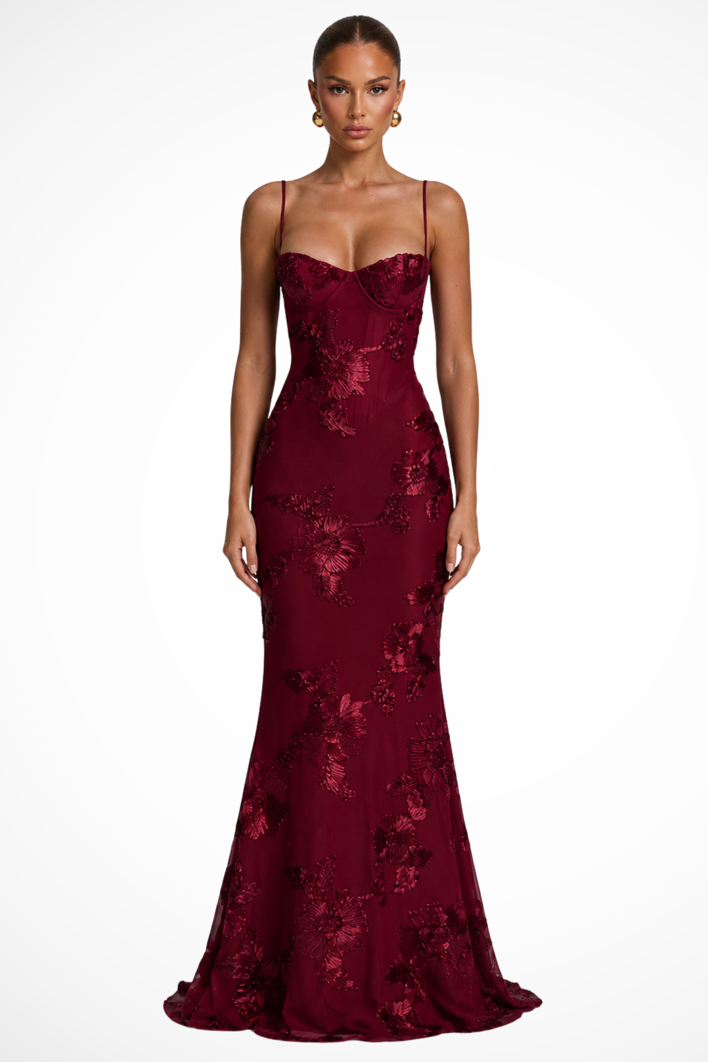 Embroideredcorset — Floral Embroidered Maxi Dress With Structured Corset Cami Gown Design Dark Red