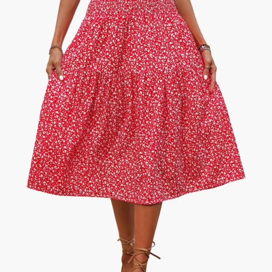 Florabelle — Floral Print Maxi Skirt With Flowing Ruffled Design For Summer Red and White