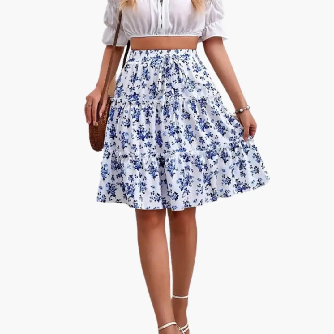 Camellia — Floral Print Midi Skirt With Relaxed Flared Ruffled Hem For Summer Sky Blue