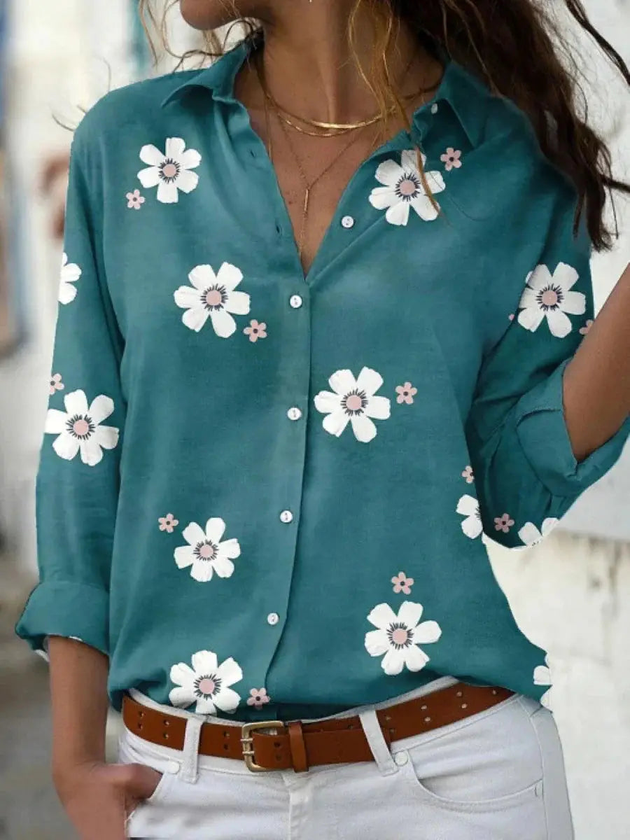 Esperanza — Floral Print Polyester Blouse With Relaxed Long Sleeve Summer Style Green