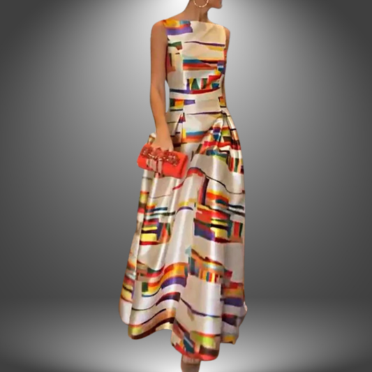 Odalys — Geometric Print Maxi Dress For Flowing Sleeveless Summer Statement Geometric