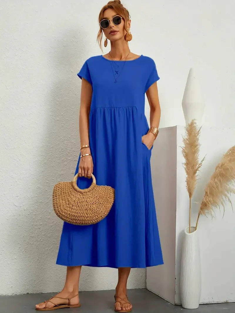 Annabeth — Lightweight Cotton Summer Dress With Relaxed Fit And Refined Neckline Blue